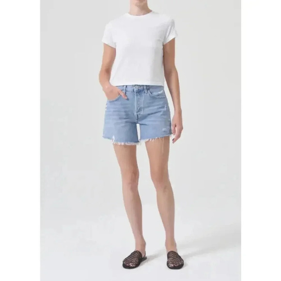 Agolde Parker Long Cotton Cut Off Denim Shorts Swapmeet Raw Hem High Rise Sz 29 - Picture 2 of 11